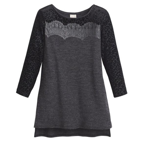 CHICO'S | Black Jane Jacquard Cheetah Print Lace Semi Sheer Top | Large - Picture 1 of 8